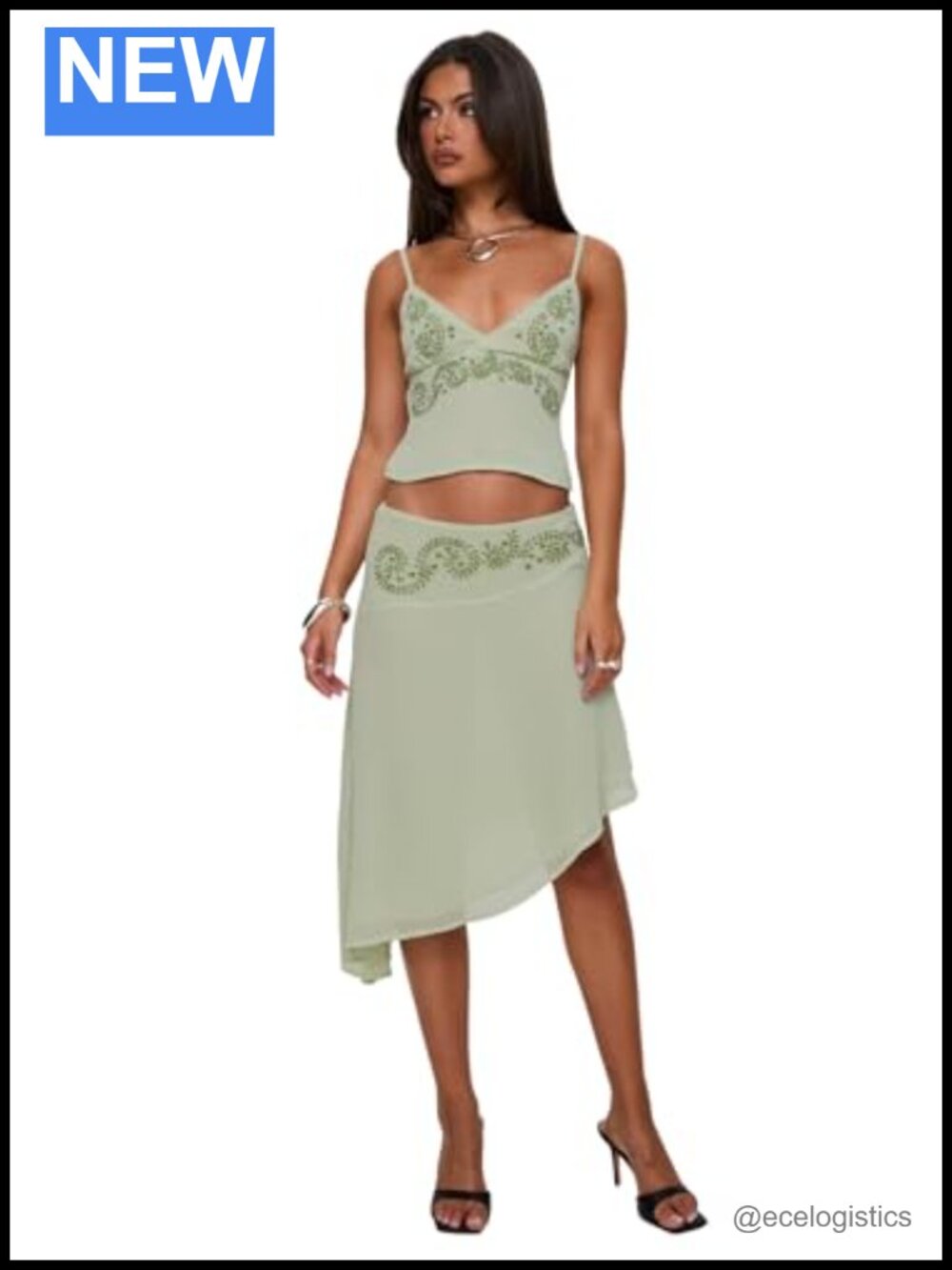 Princess Polly Pappilion Asymmetrical Midi Skirt Sage, Embroidered Sheer, Zip